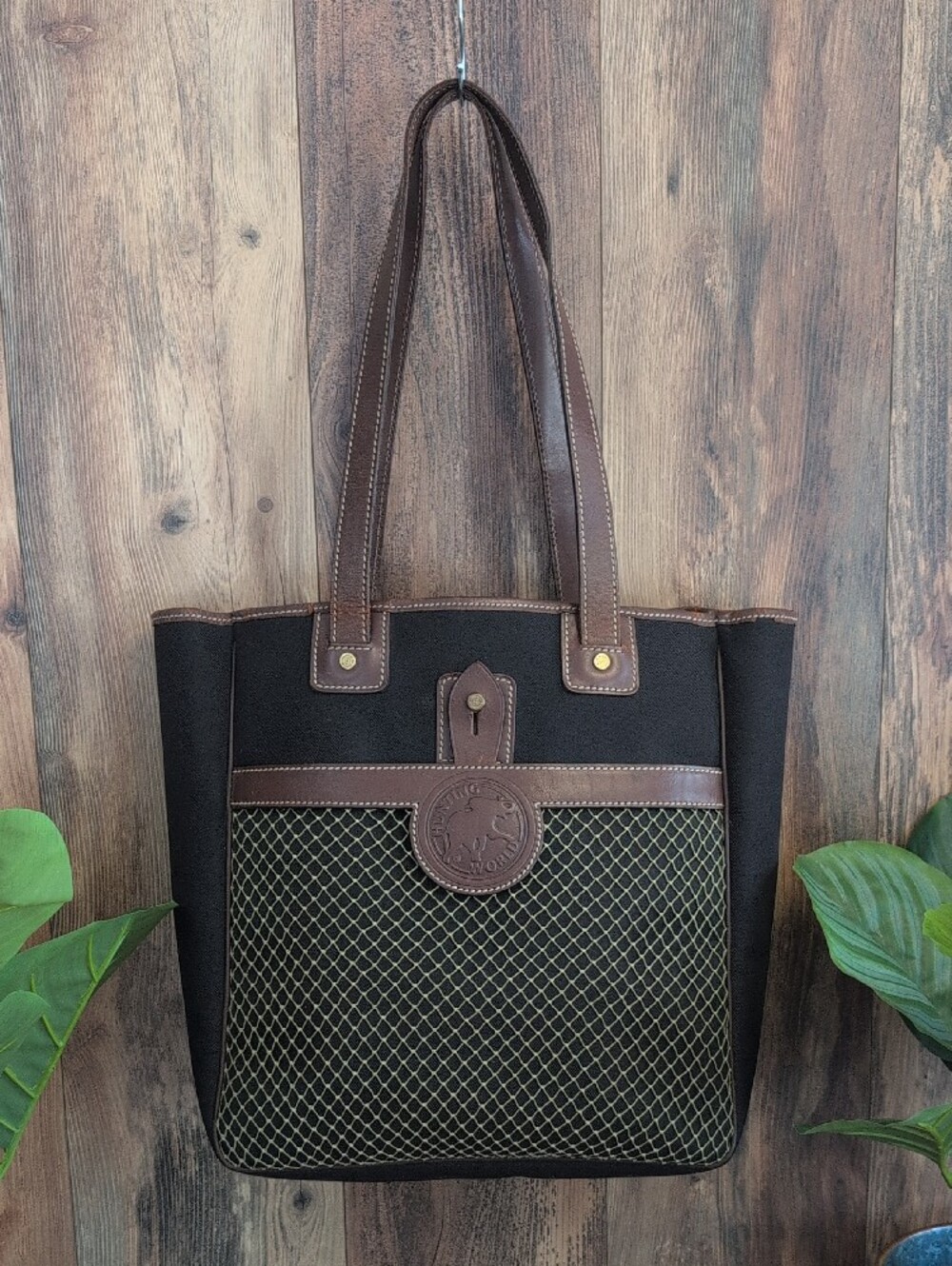 Hunting World Safari Today Black Canvas Mesh Net Front Leather Trim Tote Bag